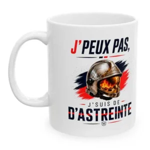 Mug pompier J'peux pas astreinte en exclusivité pour la boutique des pompiers.