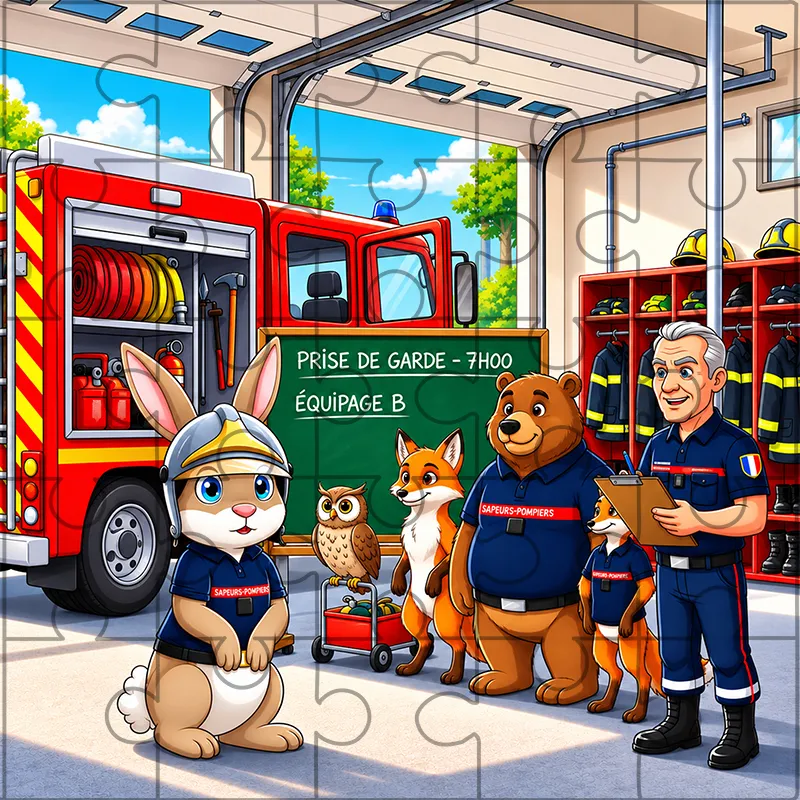 Puzzle-Pompelo-rassemblement_ Puzzle Pompélo au rassemblement dans la remise pour la prise de garde. Spécialité secouriste pour les soldats du feu et les pompiers