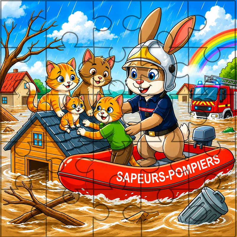 Puzzle-pompier-pompelo-innondations_ Puzzle Pompélo sauvetage nautonier innondations. Spécialité innondations pour les soldats du feu et les pompiers