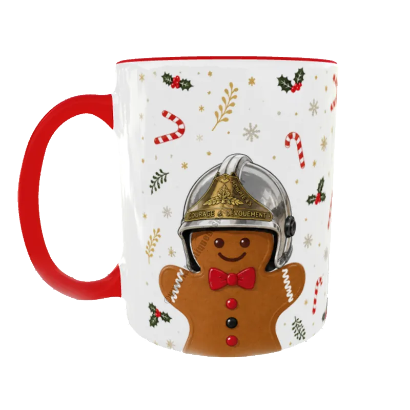 Mug Pompier Pain epice Mug de Noël pour pompiers avec bonhomme de pain, d'épice portant un casque F1 de pompiers