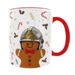 Mug de Noël pour pompiers avec bonhomme de pain, d'épice portant un casque F1 de pompiers