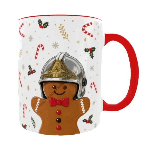 Mug de Noël pour pompiers avec bonhomme de pain, d'épice portant un casque F1 de pompiers