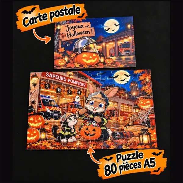 puzzle et carte postales halloween pompiers