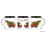 Mug Noël Sapeurs Pompiers avec fourgon qui transporte un sapin de Noël. Creation exclusive pour la boutique des pompiers
