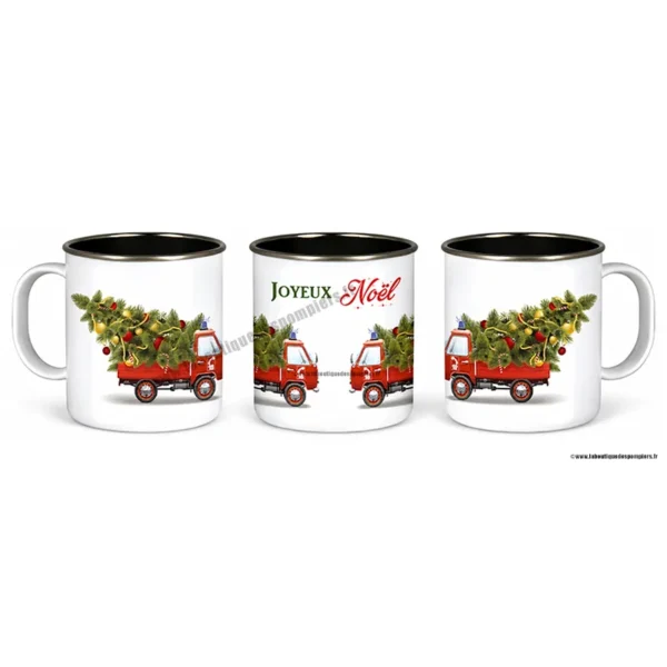 Mug Noël Sapeurs Pompiers avec fourgon qui transporte un sapin de Noël. Creation exclusive pour la boutique des pompiers