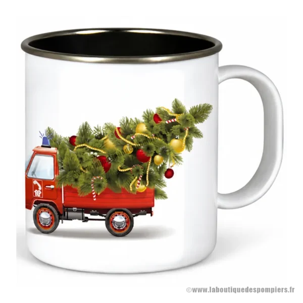 Mug Noël Sapeurs Pompiers avec fourgon qui transporte un sapin de Noël. Creation exclusive pour la boutique des pompiers